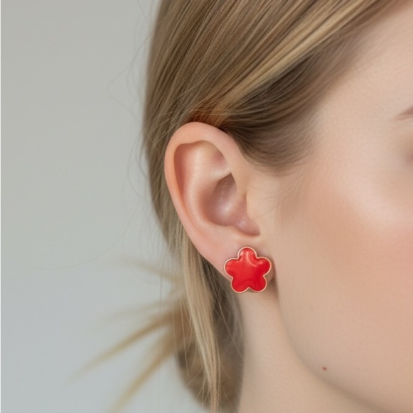 clover Jewelry - Clover, Gold-Trim Red Flower Stud Earrings - NWT